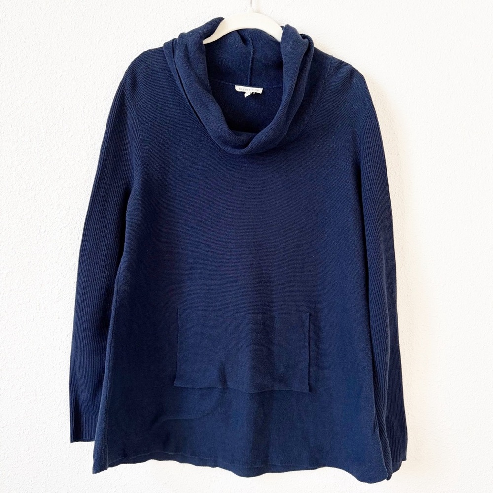 Eileen Fisher 100% Organic Cotton Cowl Neck Sweater Navy Blue Size Medium